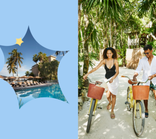 Pier House Resort & Spa inset next to couple wheeling bikes in a tropical setting