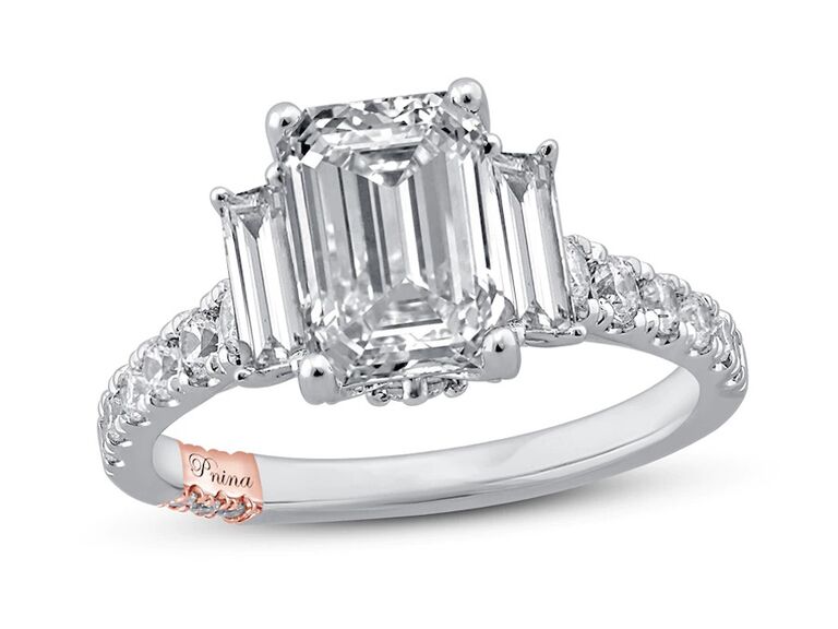 jared three stone engagement ring with three emerald cut diamonds and round diamond band