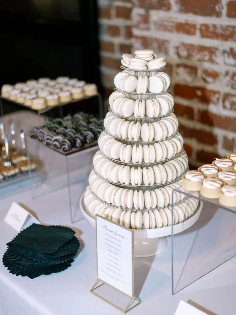 Modern Monochrome Wedding Dessert Display with Macaron Tower