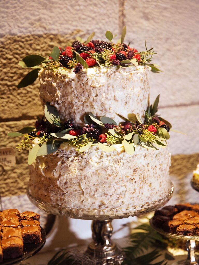 Rustic tiered carrot cake for a bridal shower. 