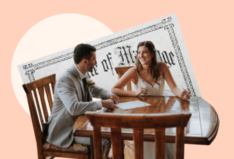 Couple signing marriage license