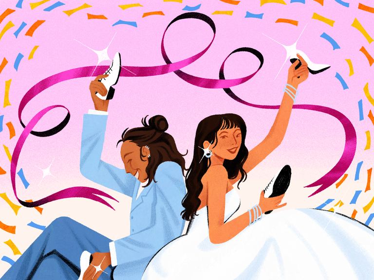 Wedding shoe game being played by newlyweds at a reception