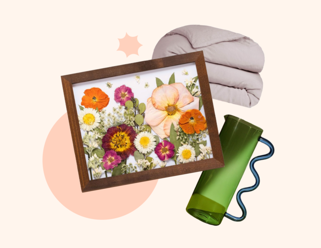 Collage of The Knot Registry Award items including framed art, glass pitcher, and duvet cover