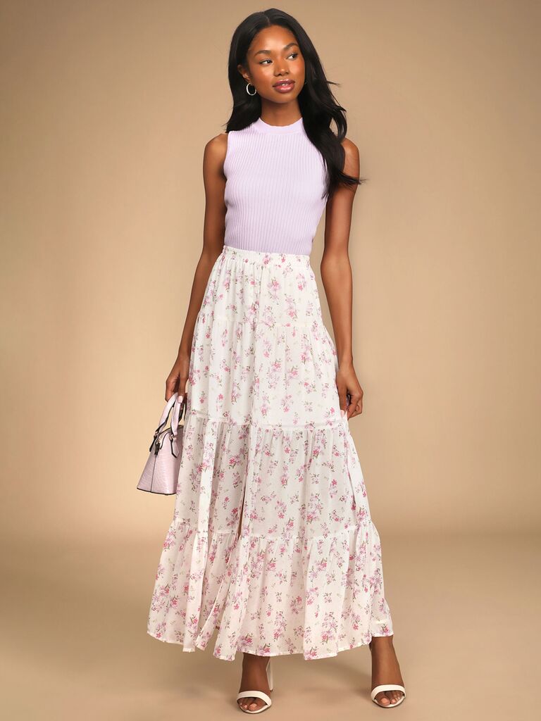 white and pink floral maxi skirt for summer engagement photos