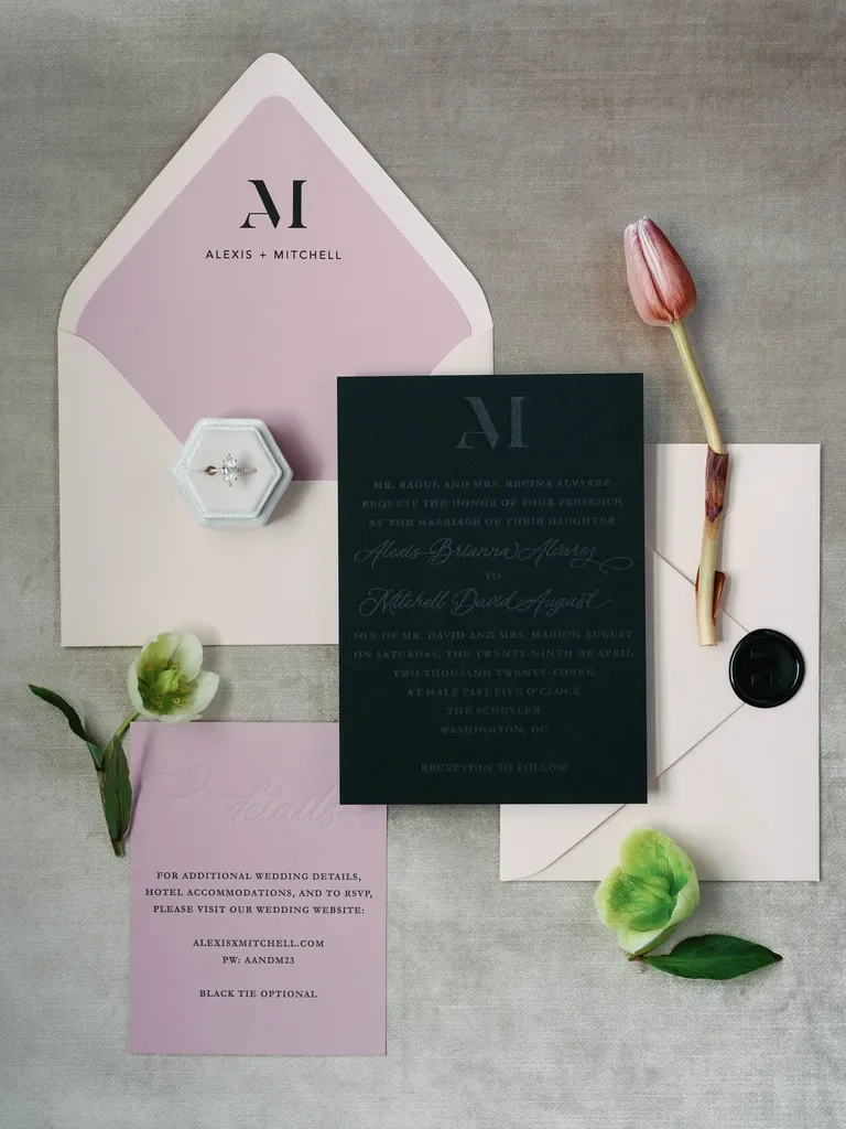 Elegant Black, White and Pink Invitation Suite With Solitaire Engagement Ring