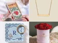Four anniversary gifts for girlfriends: custom matchbox, engraved necklace, preserved roses, monogrammed catchall