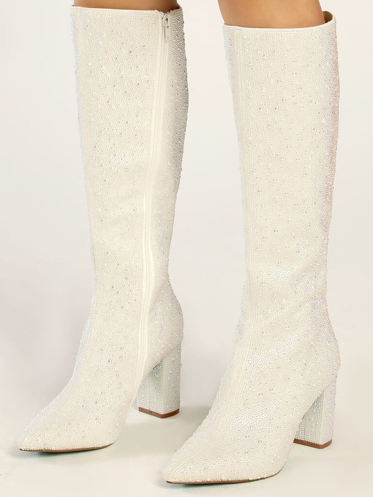 Lulus SB-Candy White Pearl Pointed-Toe Knee-High Boots