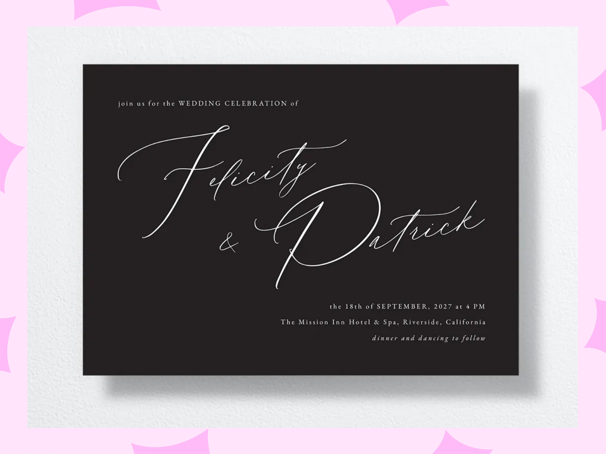 Black The Knot wedding invitation with handwritten font