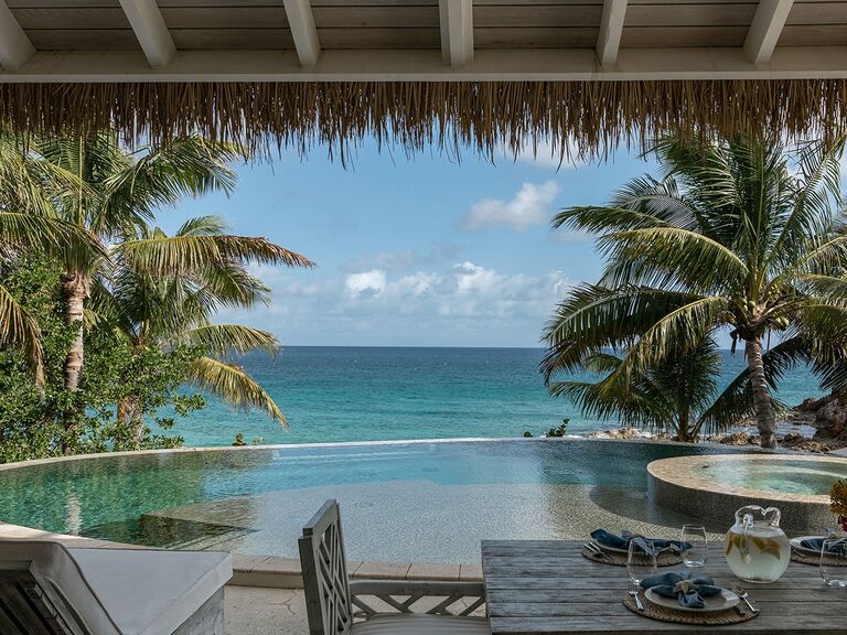 View of pool and beach at Moskito Island all-inclusive resort in British Virgin Islands