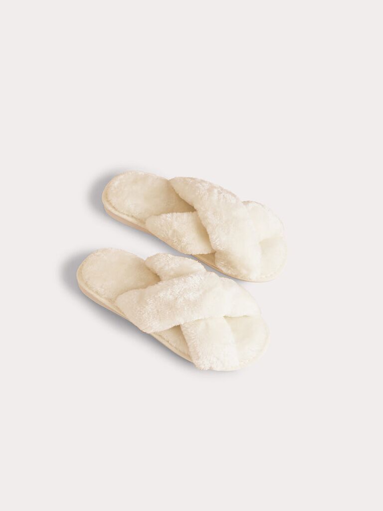 Birdy Grey fuzzy crisscross bridal slippers