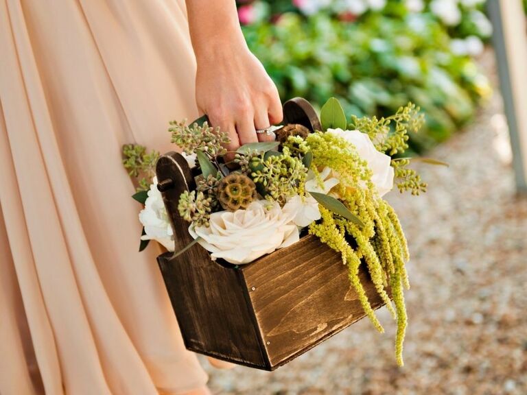 Wooden flower box wedding bouquet alternative