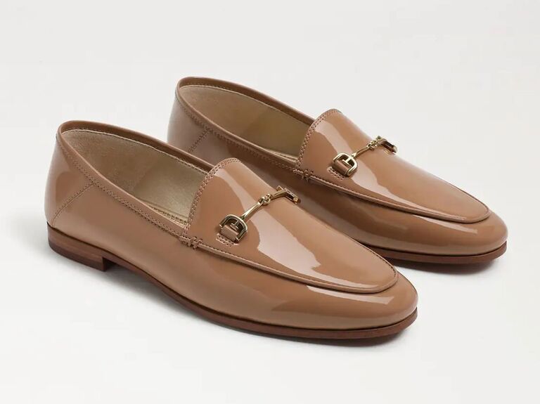 Sam Edelman classic nude wedding loafers in patent leather with shiny gold hardware accent