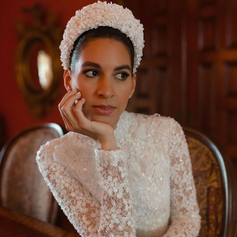 Wedding hairstyle accessory for high neck wedding dress