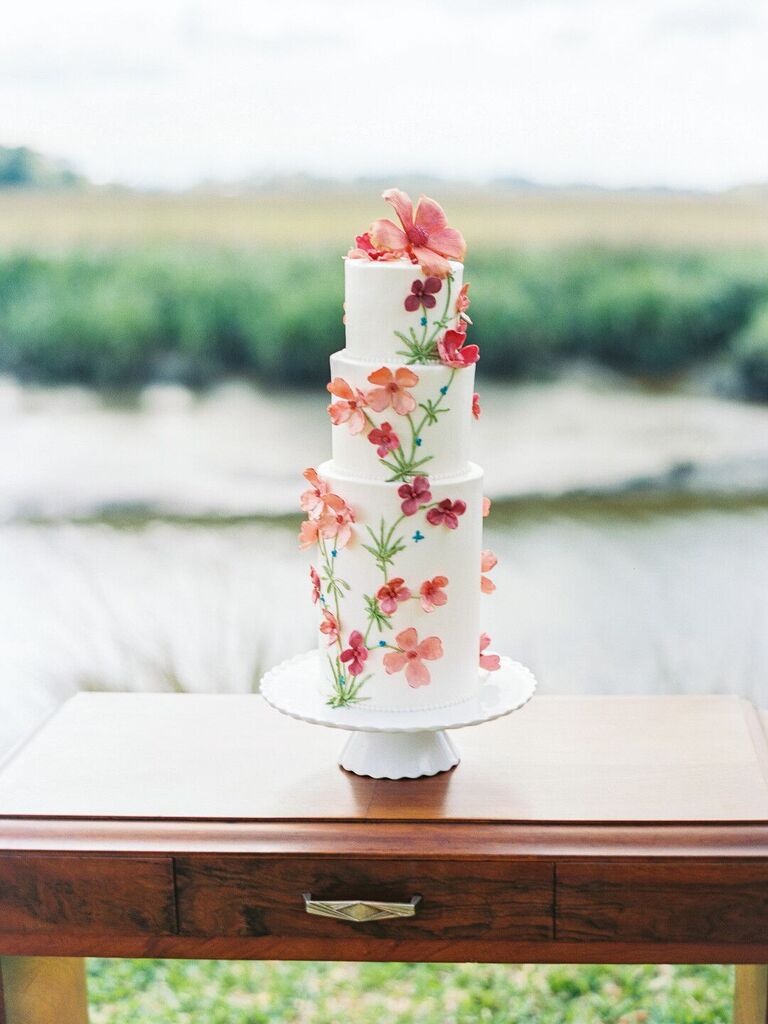 Spring wedding cake with 3D pink flowers