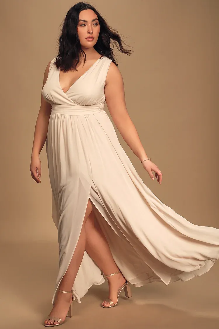 floor length dress with wrap bodice and front slit