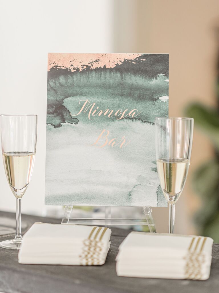 Blue watercolor bar menu sign, wedding shower ideas 2023. 