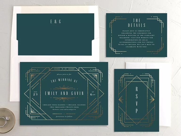 Art deco emerald green gold wedding invitations
