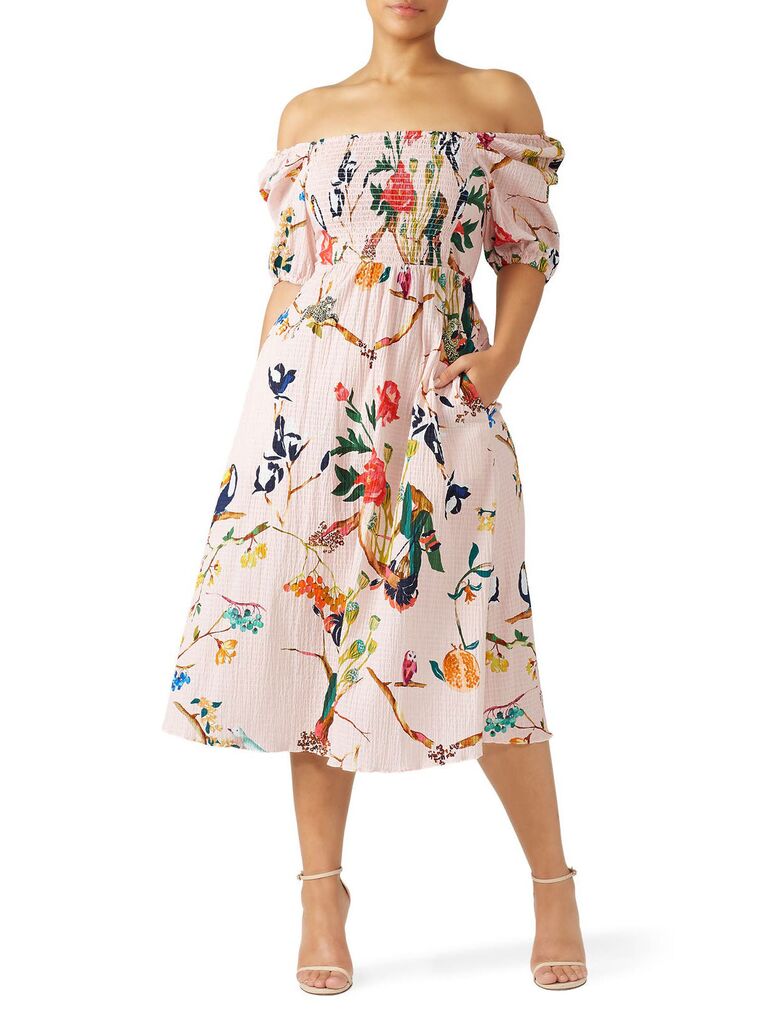 tropical off-the-shoulder dress for summer engagement photo outfit