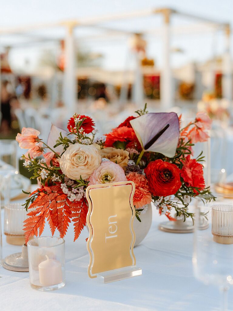 Retro-themed centerpiece and table number