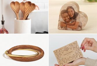 Four wooden anniversary gifts: heart-shaped wooden spoons, photo wooden heart, personalized music box, wooden bangle