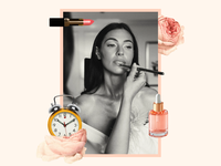 Makeup artist applying lip liner to bride surrounded by collage of makeup products, flowers, and a clock