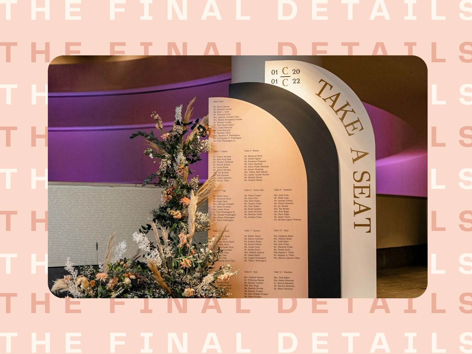 Large arch seating chart display with flower arrangement