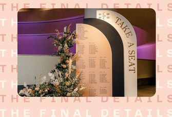 Large arch seating chart display with flower arrangement