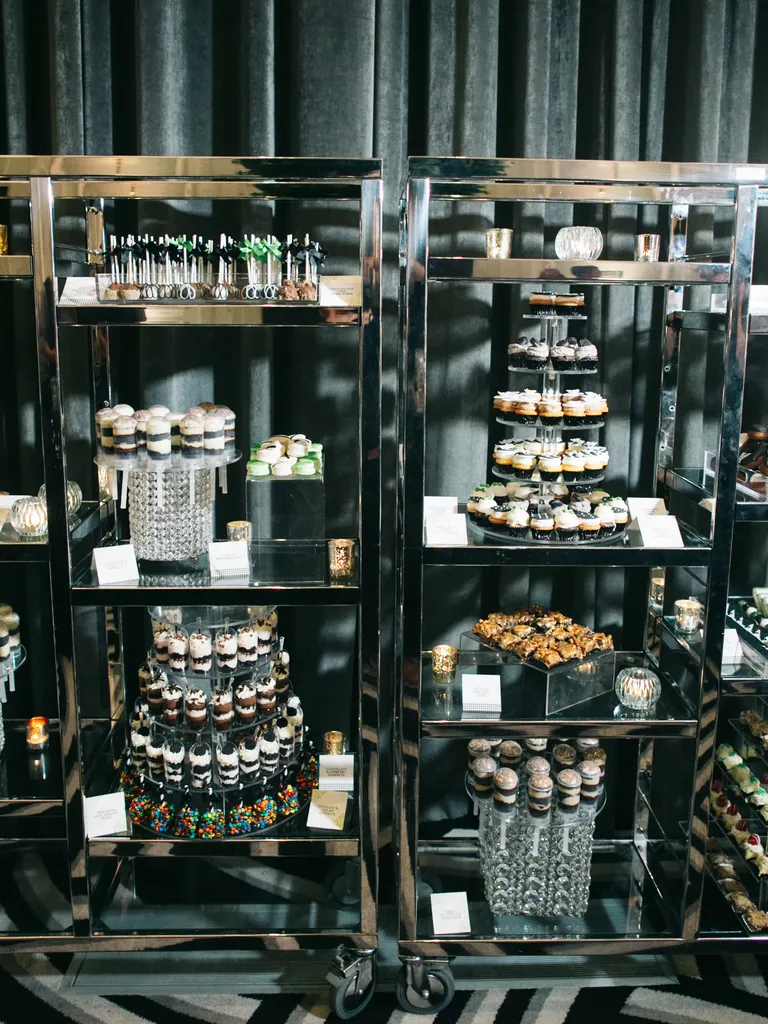 Sleek Crystal and Chrome Shelf Wedding Dessert Bar Display