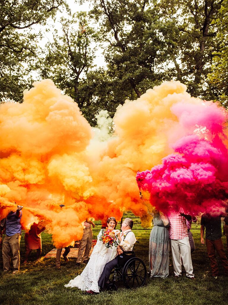Colorful smoke bombs at vow renewal