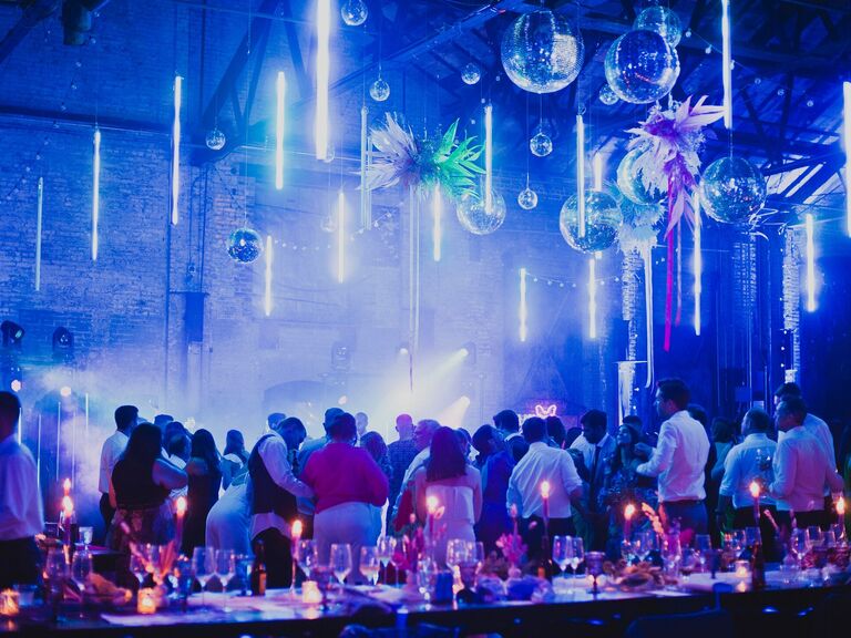 Disco and neon wedding reception decor