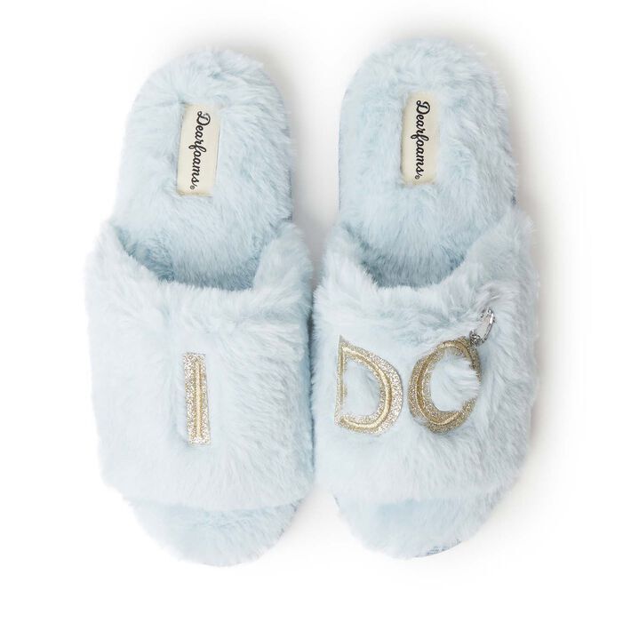 Dearfoams I Do blue fluffy bridal slippers