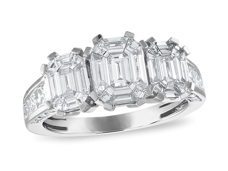 jared three stone engagement ring with three emerald cut diamonds and emerald cut diamond band