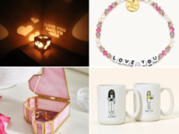 Collage of gift ideas for girlfriend: custom night light, beaded bracelet, personalized mug, heart-shaped jewelry box