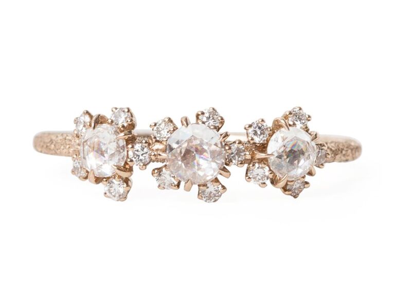 catbird three stone engagement ring with three round diamonds with round diamonds and rose gold band