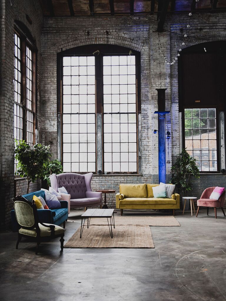 Industrial lounge area at wedding reception