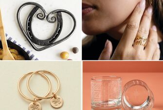 11-Year Wedding Anniversary Gifts: horseshoe heart trivet, name ring, hometown glasses, gold flower earrings