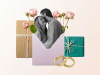 Collage of married couple surrounded by gifts