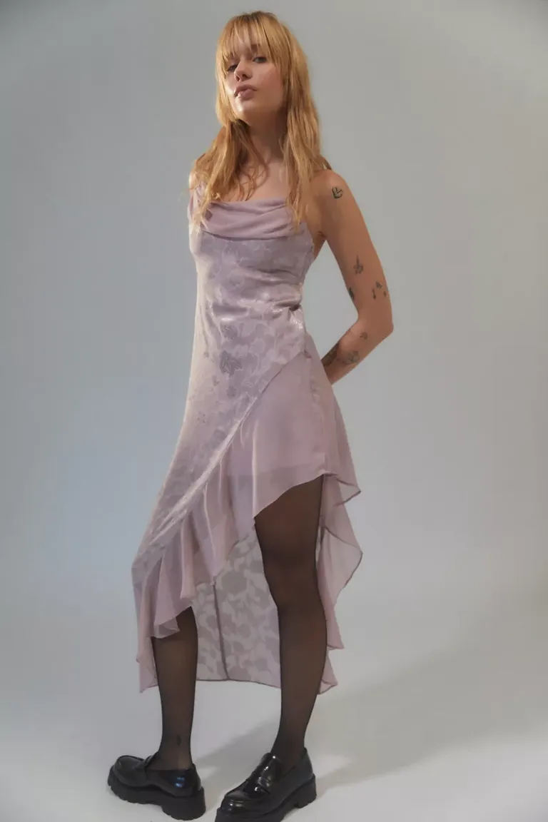 high low chiffon dress with cowl neck