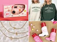 Collage of bachelorette party favors: disposable camera, custom sweatshirts, cowboy boot koozies, initial necklaces