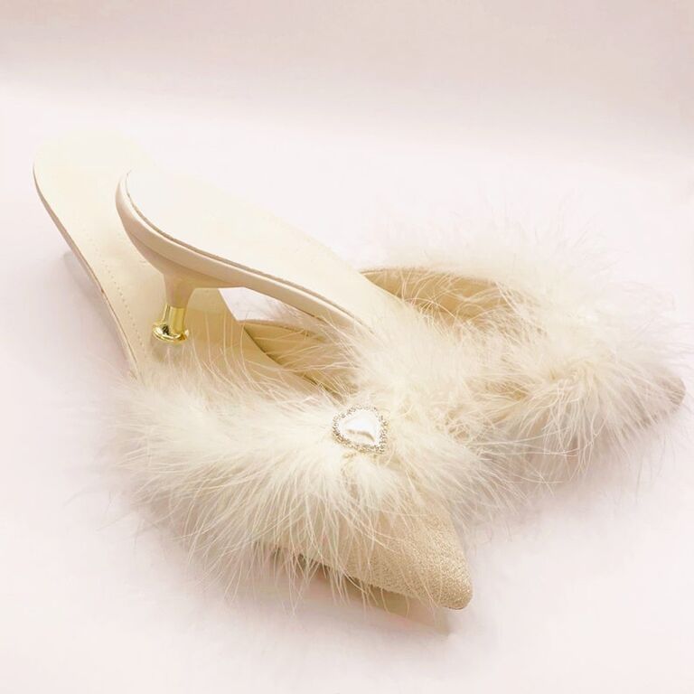 Nancy and Elizabeth fluffy heeled bridal slippers