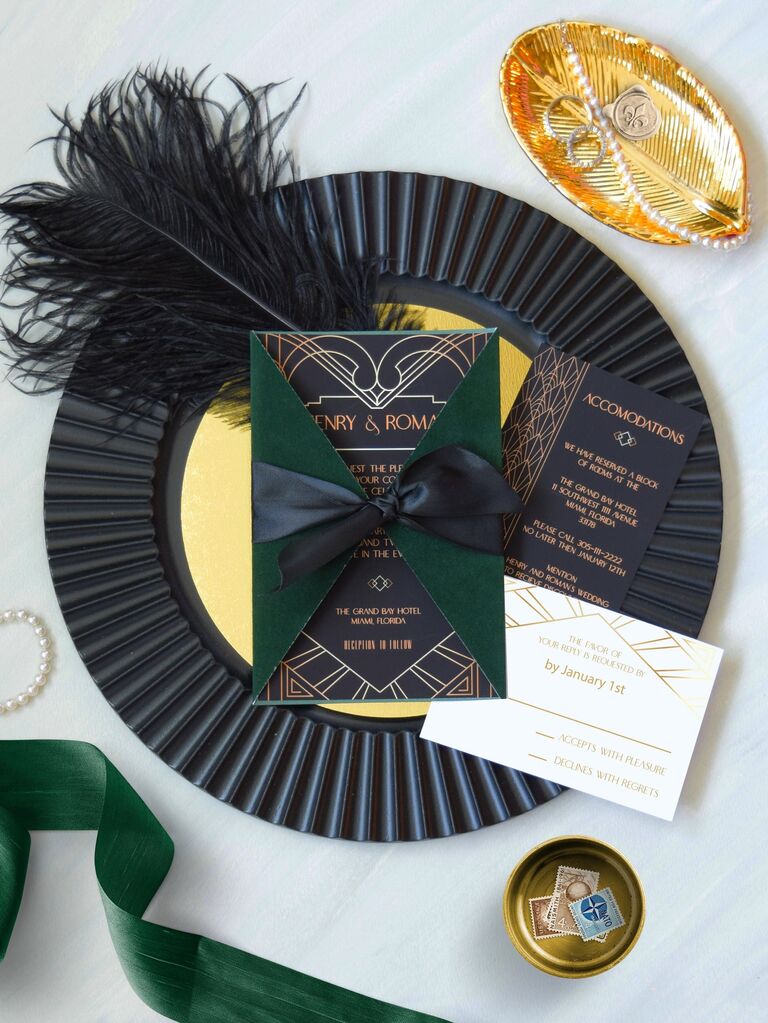 Velvet art deco winter fall wedding invitation