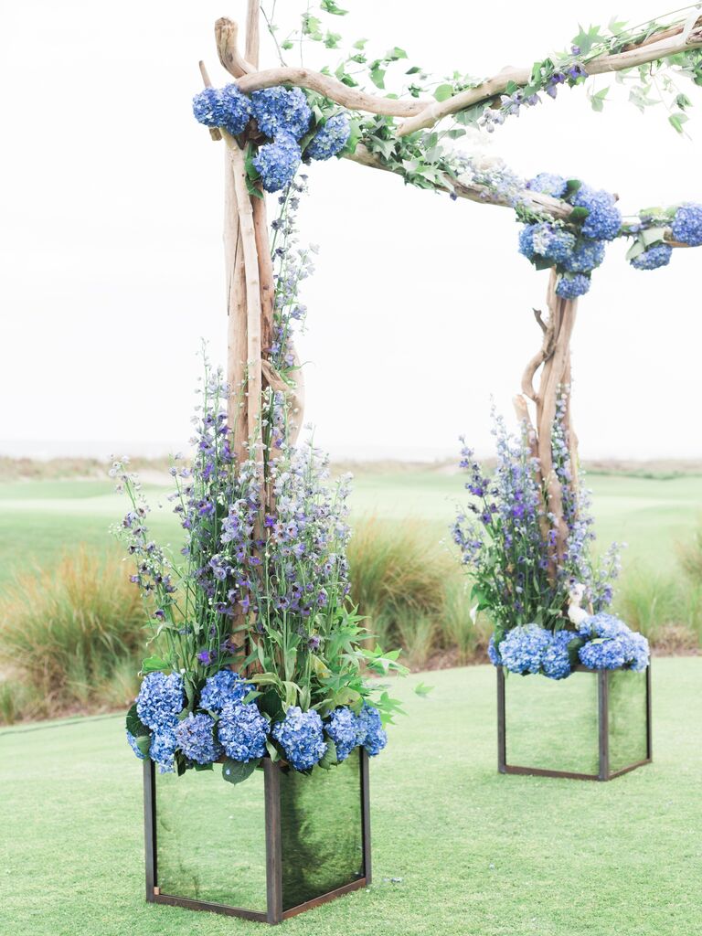 wedding chuppah made from driftwood branches decorated with blue hydrangeas and vines
