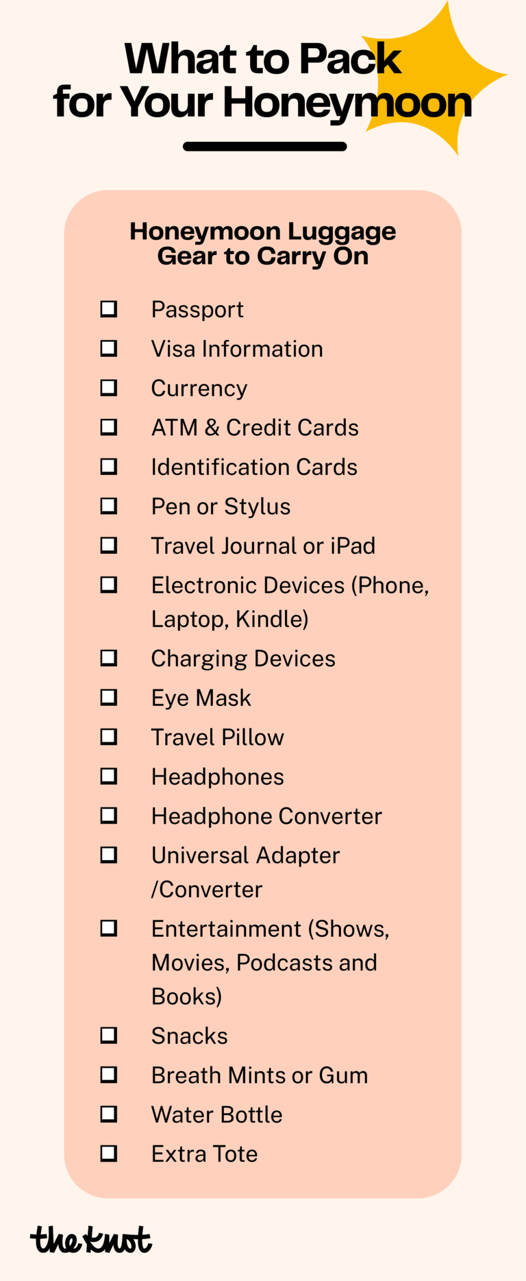 Checklist of what to pack in your carry on luggage for your honeymoon