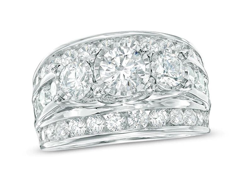 zales three stone engagement and wedding ring set with three round center diamonds and three round diamond bands