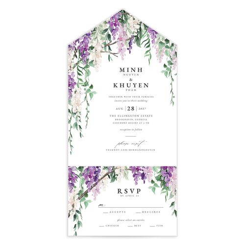 Romantic Wisteria All-in-One Wedding Invitations Purple Petal Signature Light Both Recipient and Return Addresses No