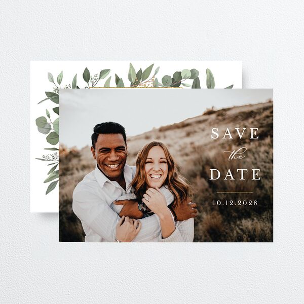 Eucalyptus Frame Save The Date Cards Pure White Signature smooth No Standard