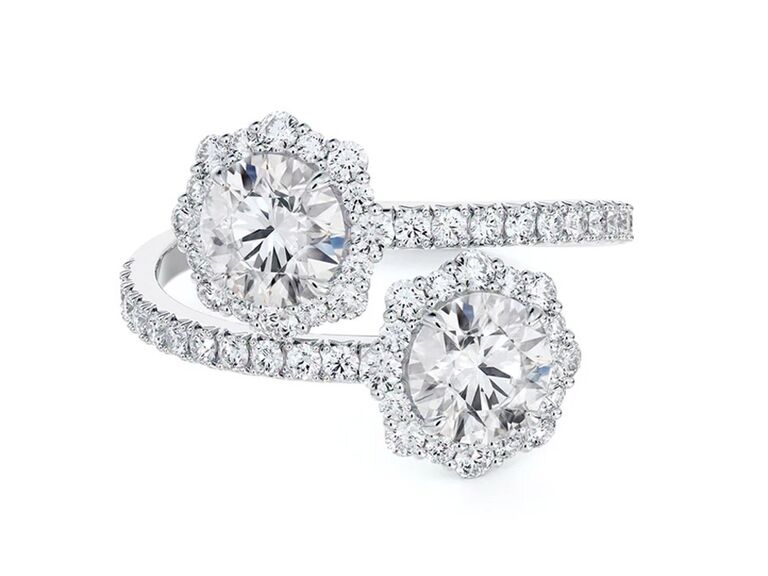 debeers forevermark two stone flower engagement ring with two round diamonds with round diamond halos and curved round diamond platinum band
