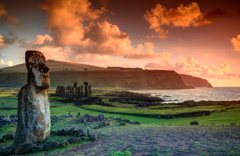 The lone moai at Tongariki with the Ahu Tongariki moai in the background on Easter Island, Chile